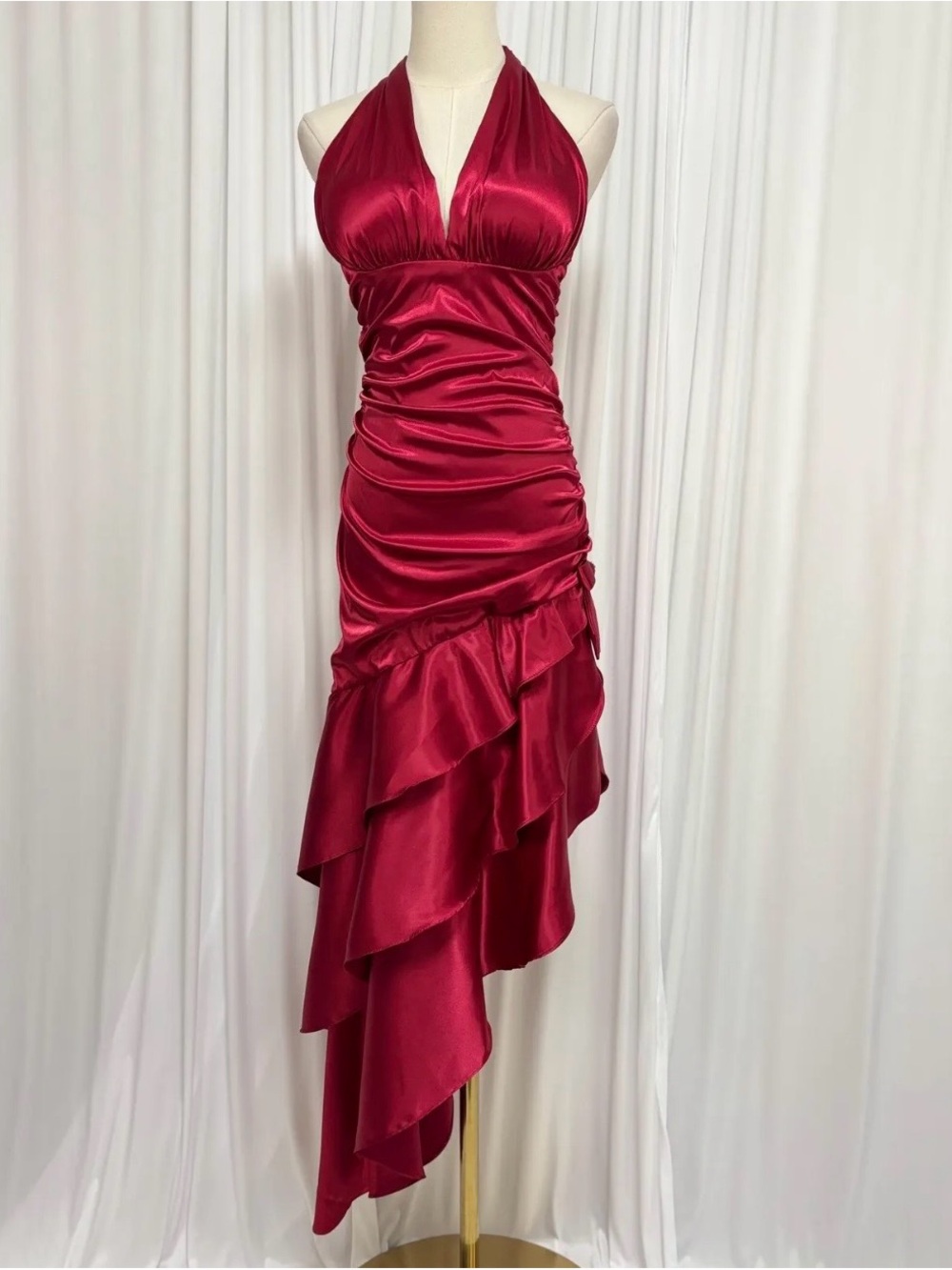 Vintage Red Satin Halter High-Low Ruffle Dress